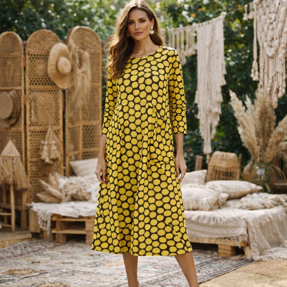 Fenini 100% Cotton Yellow Polka Dot Long Sleeve Midi Dress | Artsy Boho